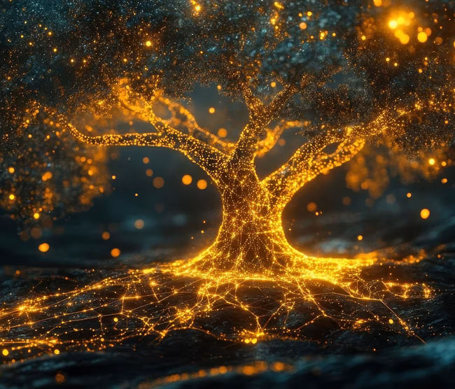 A symbolic glowing data governance tree connecting various nodes, warm cinematic lighting