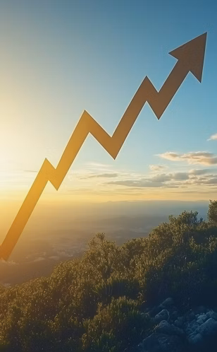 Ascending Towards Success: An upward arrow symbolizing growth and progress, cutting through the clouds with the warm glow of a setting sun in the background.