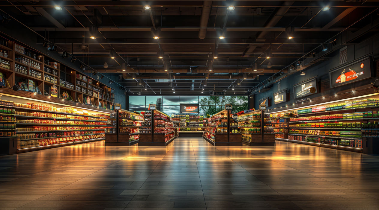 Modern supermarket interior with organized aisles and warm lighting.