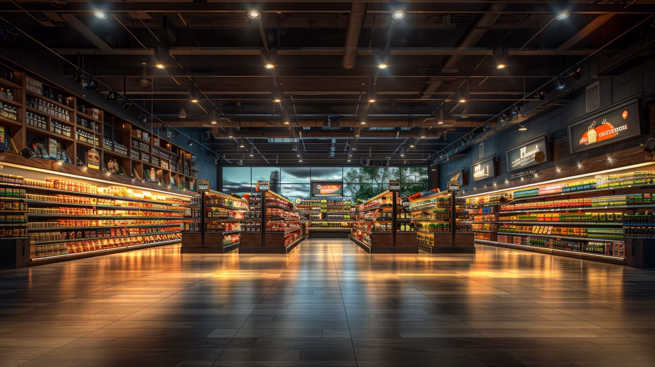 Modern supermarket interior with organized aisles and warm lighting.