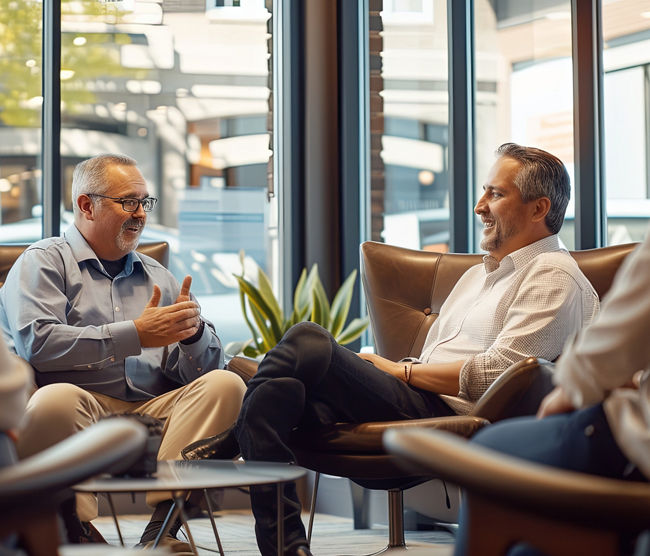 Insurance agent meeting with clients in a cozy office setting, with comfortable seating arrangements and a warm ambiance