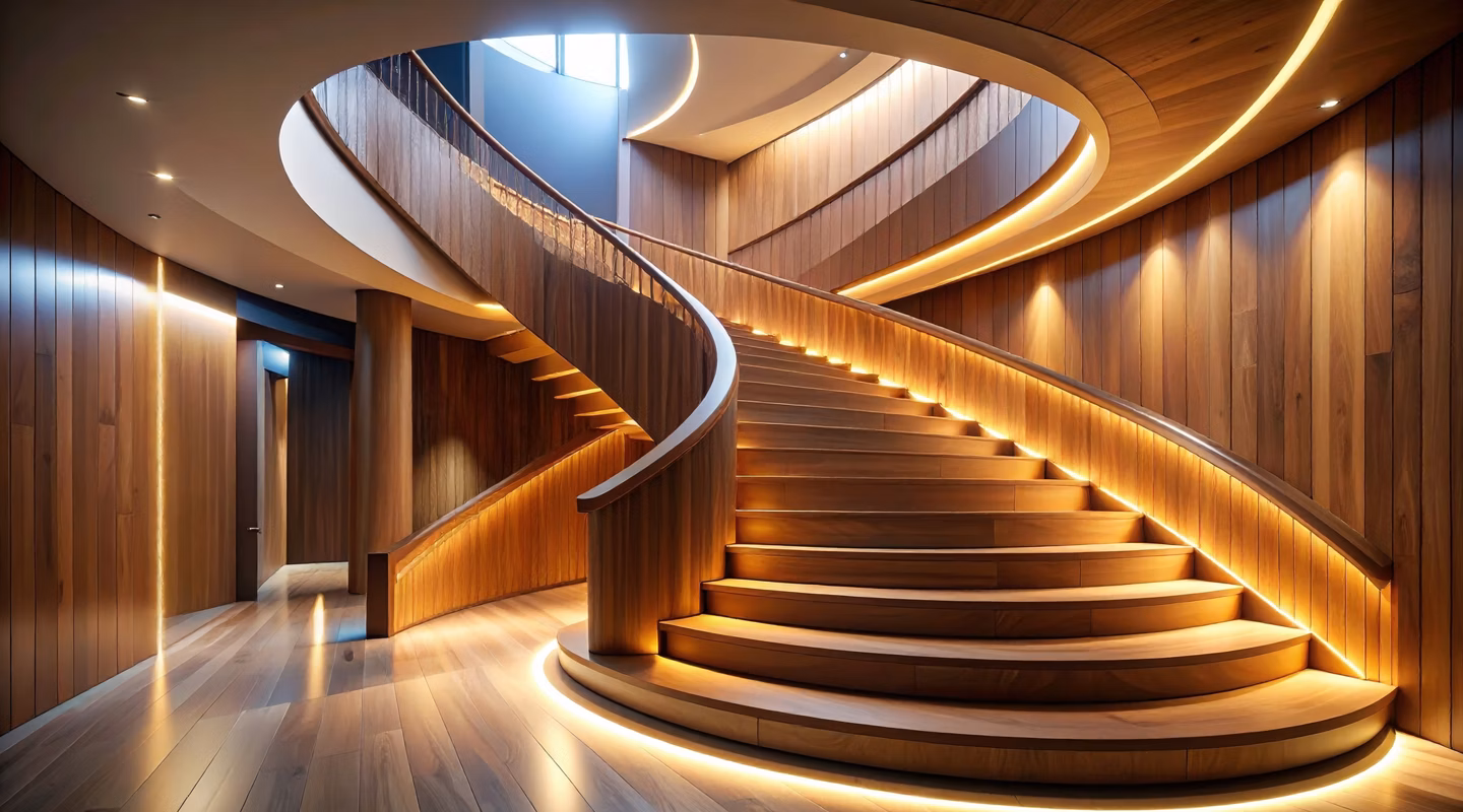 Modern wooden staircase with warm lighting and curved design in elegant interior space