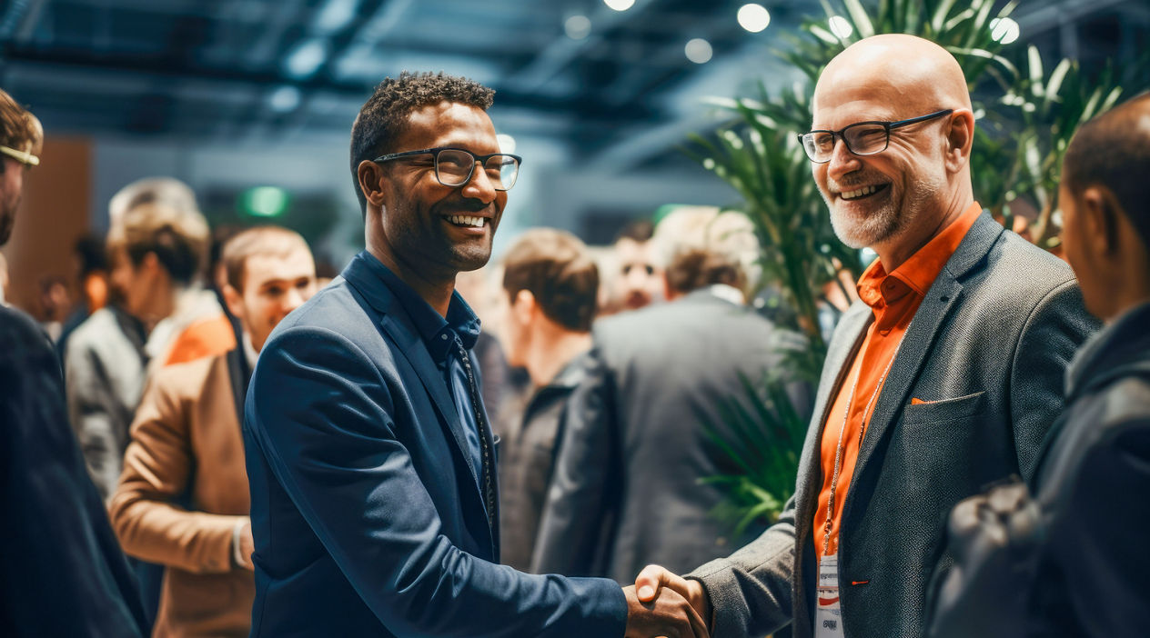 Strong handshake exchanged at a professional networking event or a conference.
