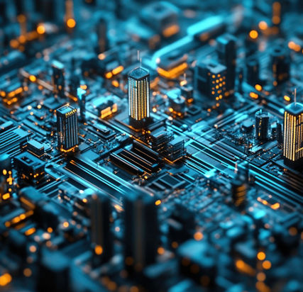 An image showcasing a dense urban scene with advanced technology and infrastructure, characterized by a grid-like pattern of buildings, illuminated streetlights, and towering skyscrapers. The city is rendered in vibrant hues, predominantly blue, contrasting with the warm glow from the lights.