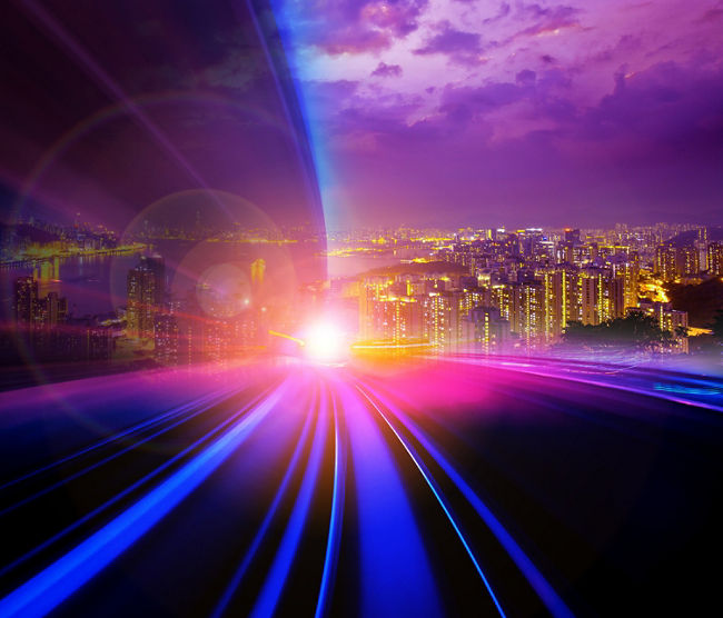 Double exposure of moving train and Hong Kong Cityscape for background