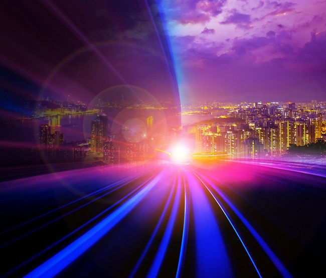 Double exposure of moving train and Hong Kong Cityscape for background