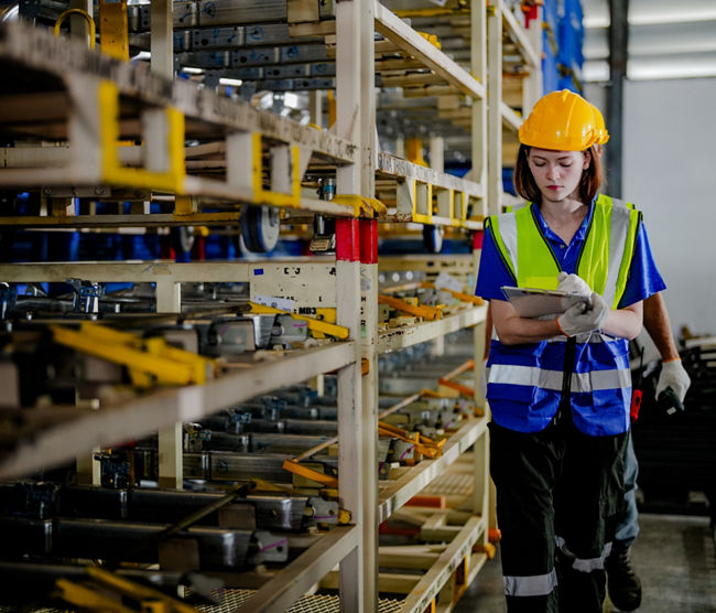 workers checking and inspecting metal machine part items for shipping. male and woman checking the store factory. industry factory warehouse. The warehouse of spare part for machinery and vehicles.