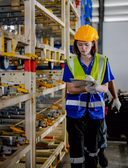 workers checking and inspecting metal machine part items for shipping. male and woman checking the store factory. industry factory warehouse. The warehouse of spare part for machinery and vehicles.