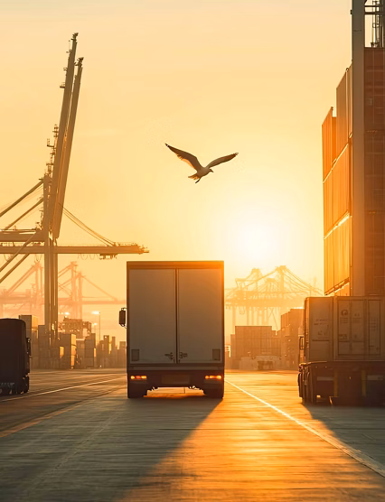 Truck rolling into bustling cargo port at sunrise