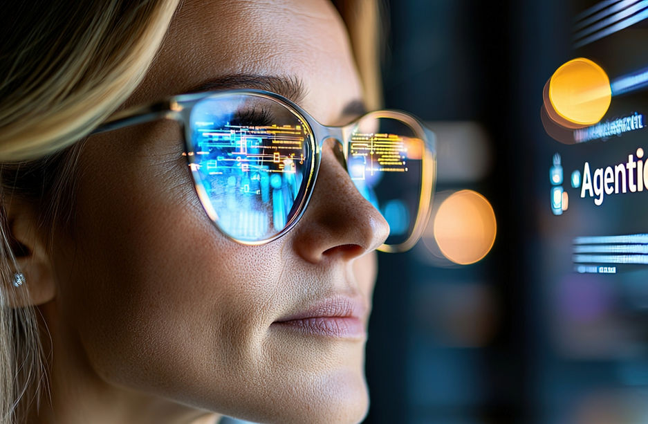A businesswoman analyzes data with a digital AI assistant, reflecting modern technology and innovative solutions in the corporate workspace.