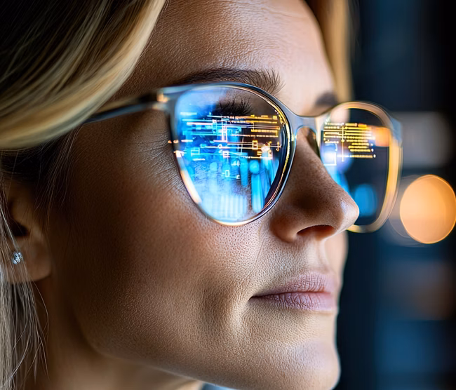 A businesswoman analyzes data with a digital AI assistant, reflecting modern technology and innovative solutions in the corporate workspace.