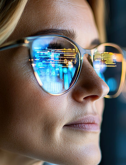 A businesswoman analyzes data with a digital AI assistant, reflecting modern technology and innovative solutions in the corporate workspace.