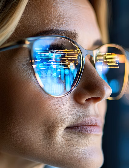 A businesswoman analyzes data with a digital AI assistant, reflecting modern technology and innovative solutions in the corporate workspace.