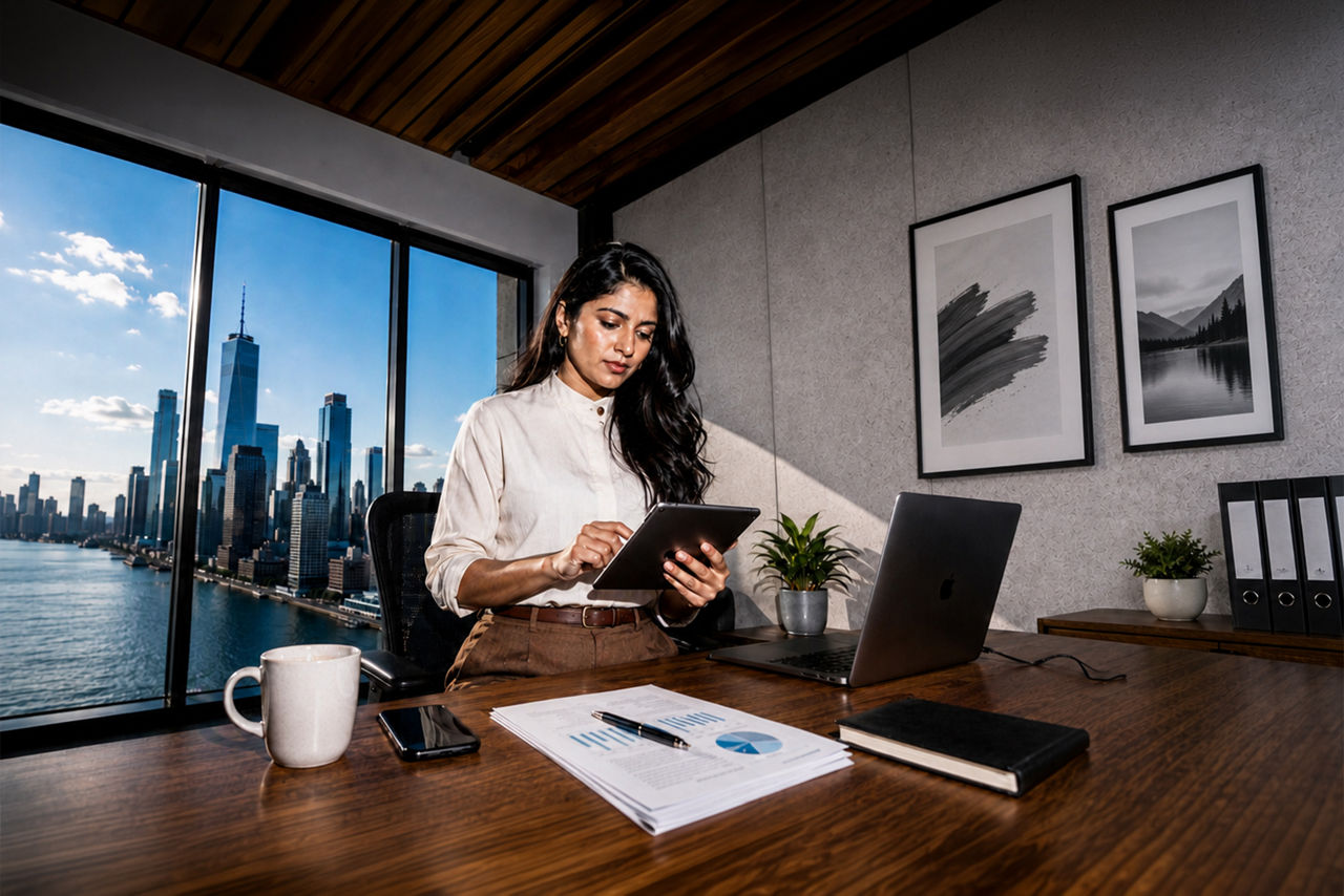 Businesswoman using digital tablet in city office