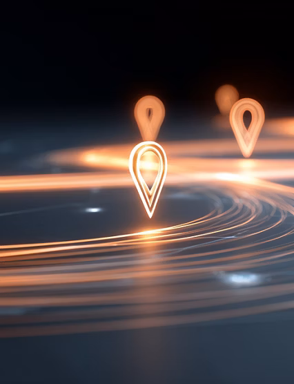 Glowing location pins on digital network path