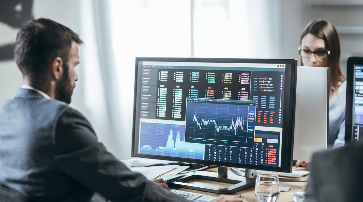 Businesspeople working with finance forecasts on their computers.