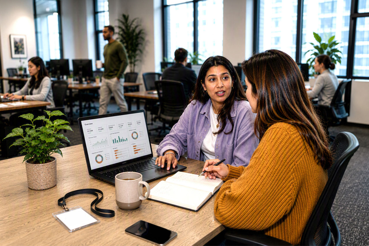Coworkers collaborating with analytics dashboard laptop