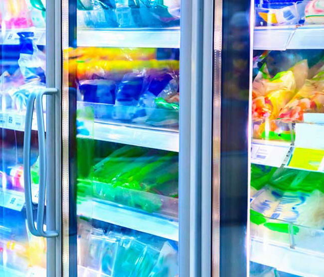 Grocery isle frozen food section.