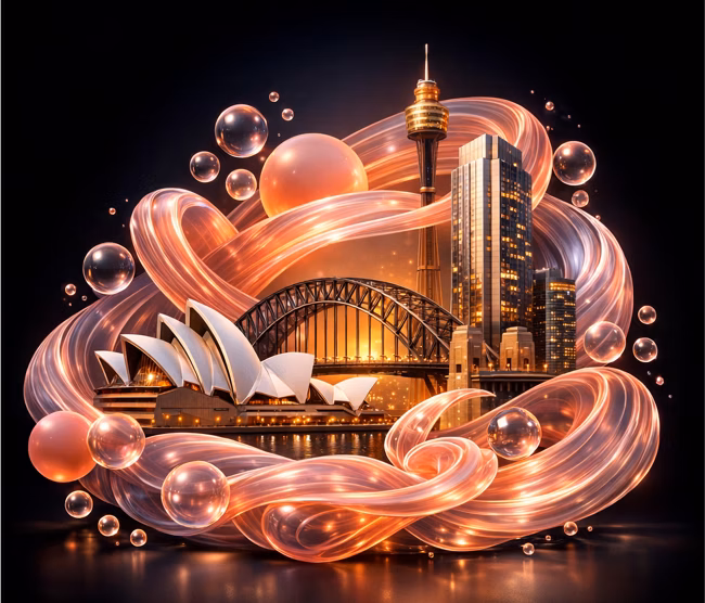 Artistic night view of Sydney landmarks with glowing abstract light effects.