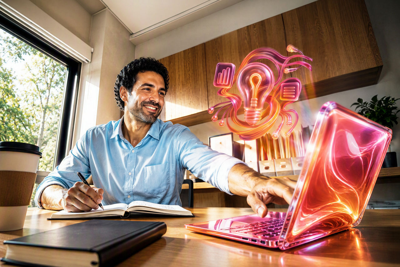 Creative professional brainstorming with futuristic laptop