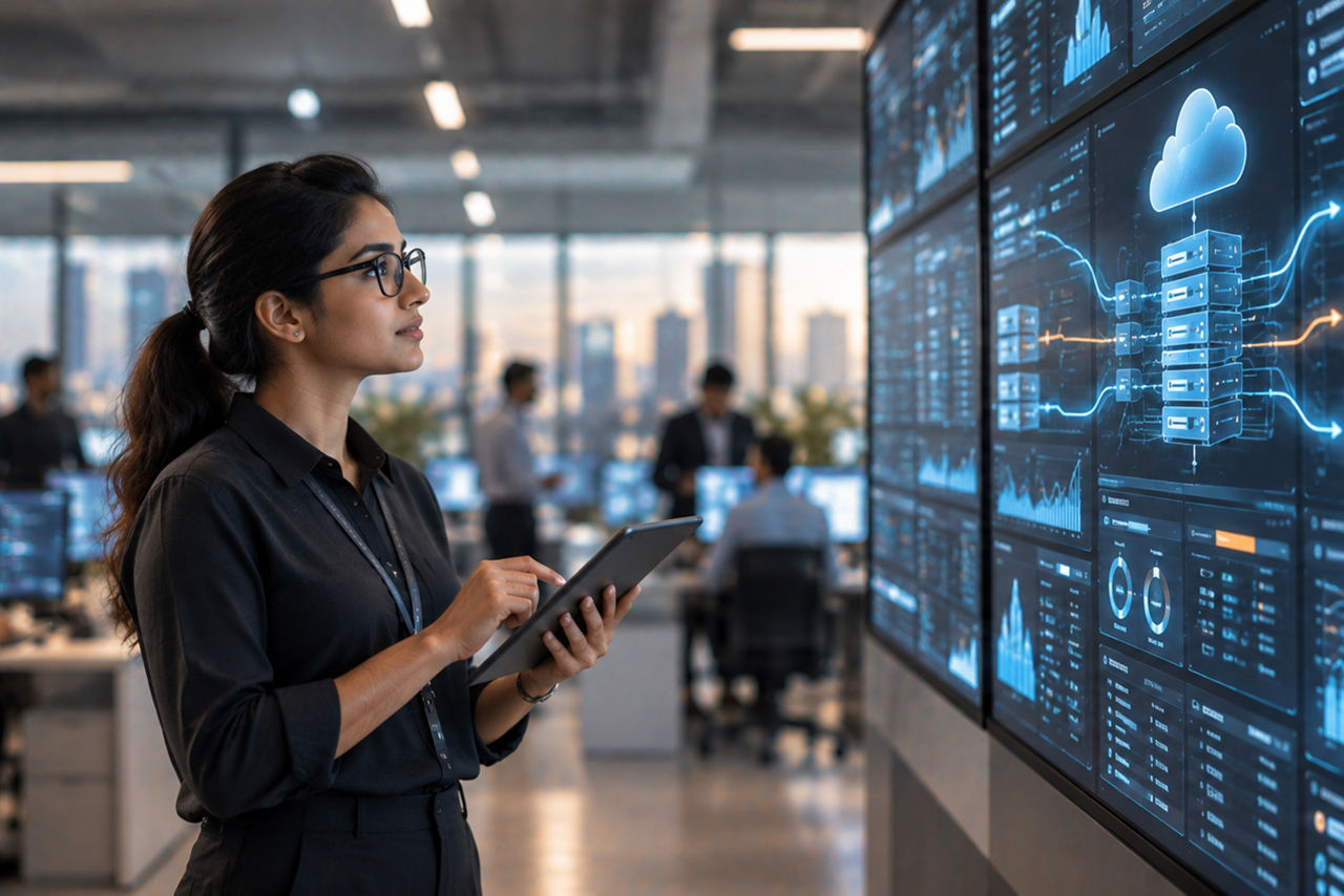 Female analyst monitoring cloud data dashboards