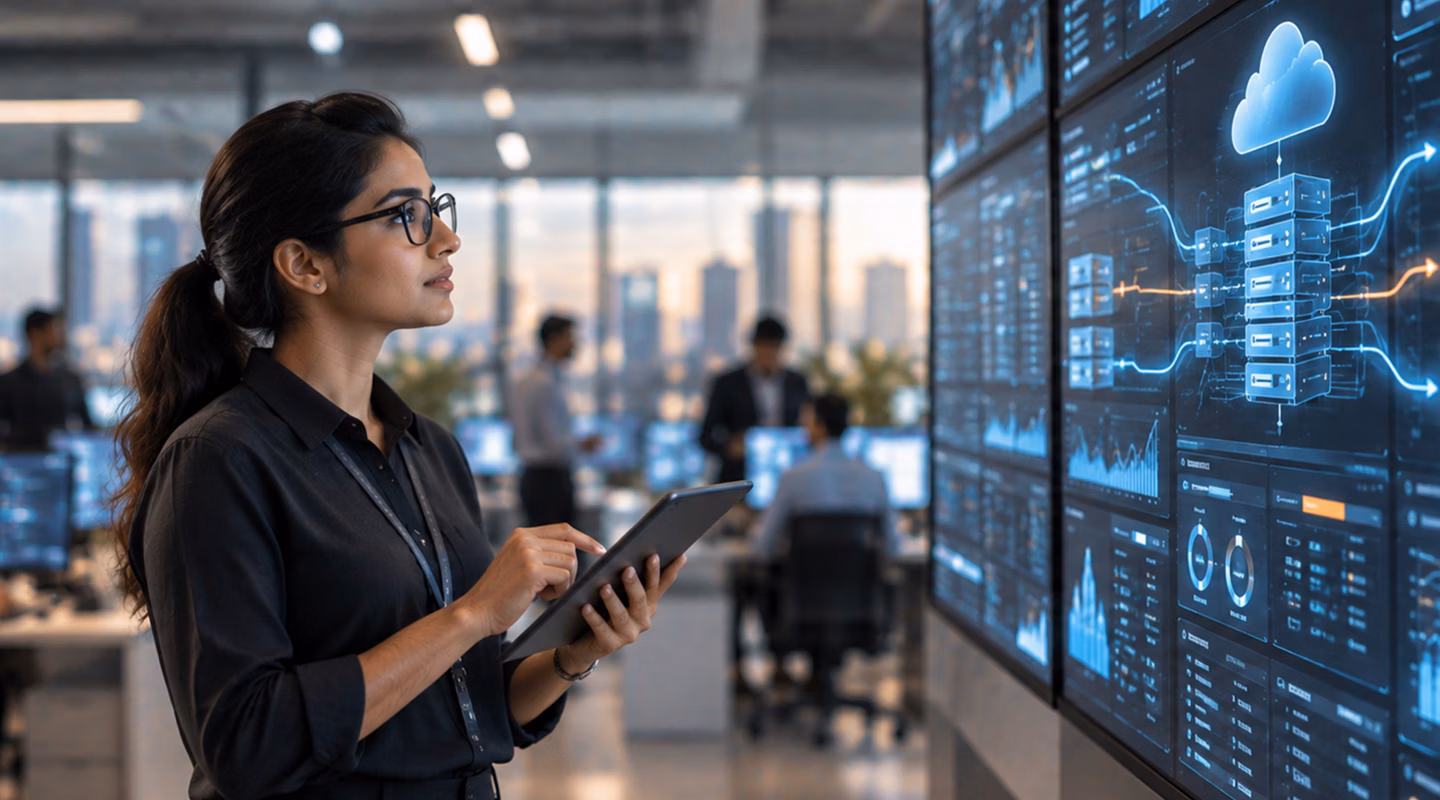 Female analyst monitoring cloud data dashboards