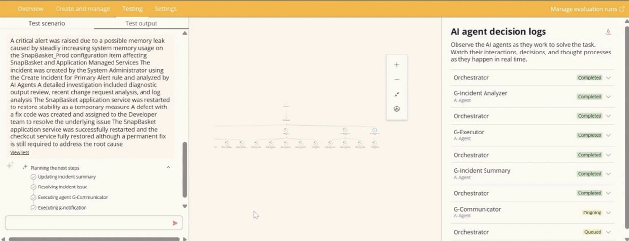 Dashboard shows AI agent decision logs and test scenario summary