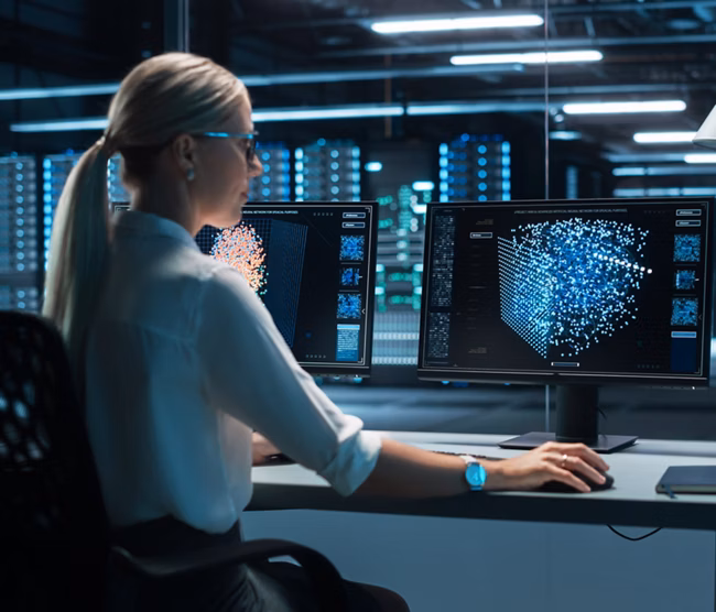 Blonde Woman Working on Her Computer with Display Shows Neural Network, Artificial Intelligence Simulation, Programming Language of Coding. Future Technologies