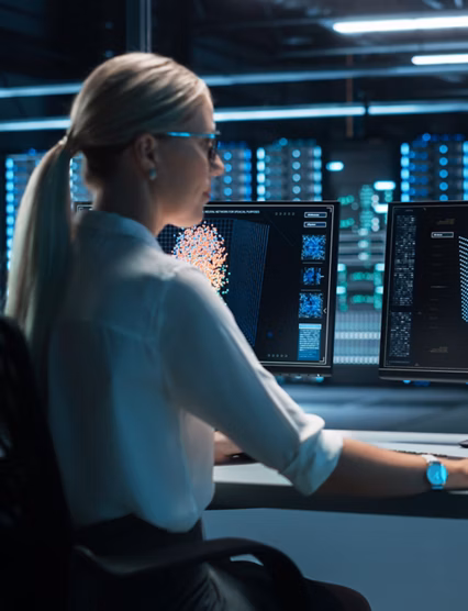 Blonde Woman Working on Her Computer with Display Shows Neural Network, Artificial Intelligence Simulation, Programming Language of Coding. Future Technologies