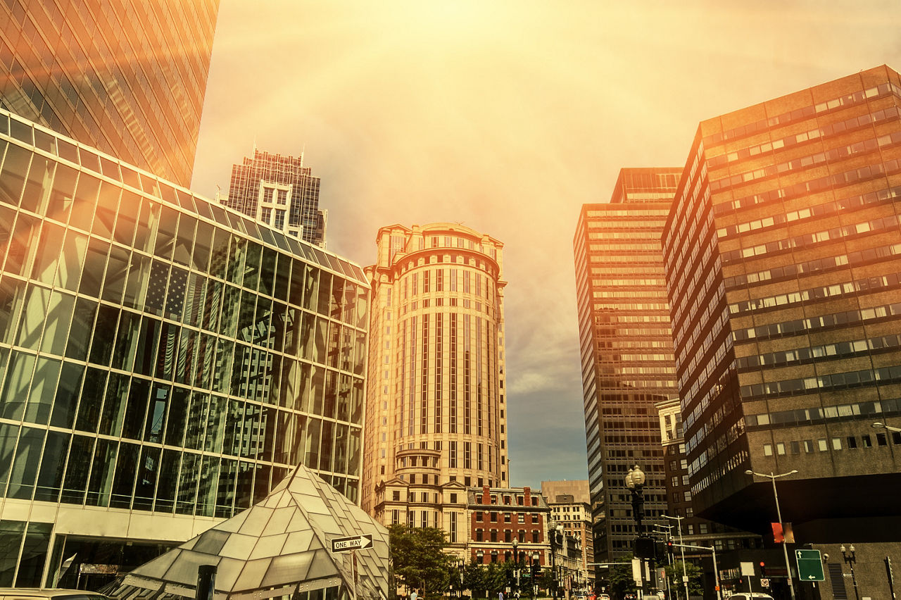 Abstract architecture buildings of downtown with sun warm color.