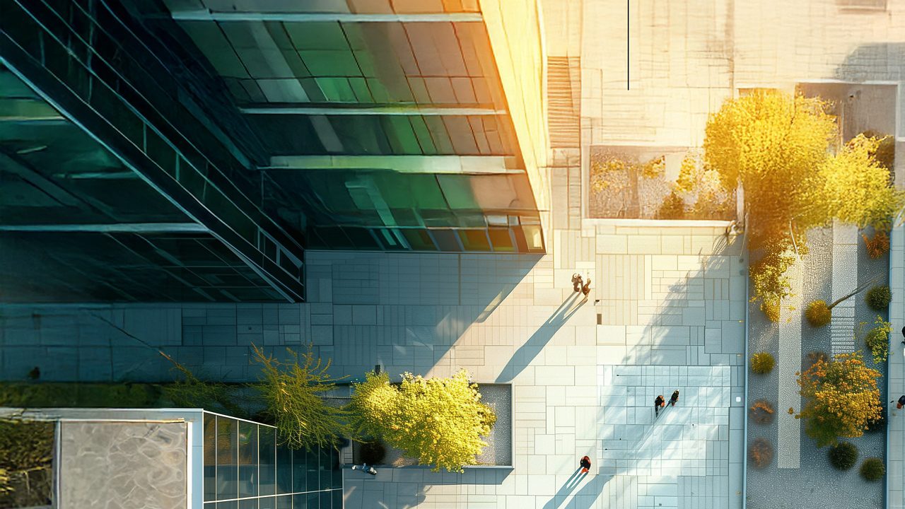 aerial view of people walking on esplanade of financial district with trees, surrounded by buildings, green and gray, concrete, top down view of employees walking, drone view on city dowtown