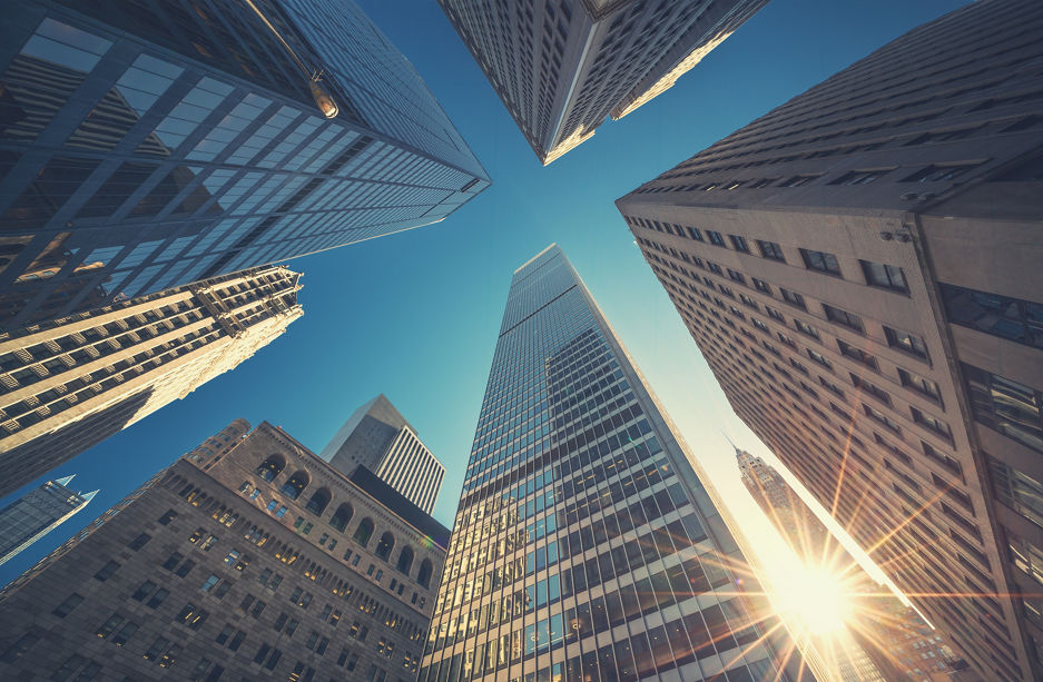 Office building top view background in retro style colors. Manhattan buildings of New York City center - Wall street
