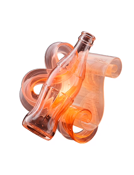 Curved glass bottle with flowing ribbon