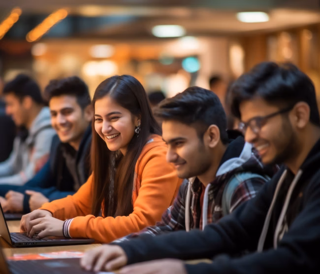 Indian students engrossed in a coding workshop, demonstrating their enthusiasm for technology and innovation. Generative Ai.