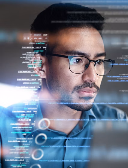 Programming coding and man with focus, hologram and trading with cyber security, futuristic and research. Male person, investor and employee with data analysis, server or investment with website info.
