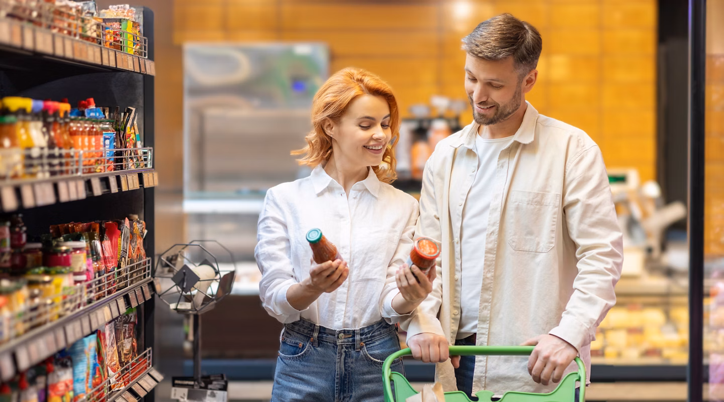 Happy European family shopping groceries in supermarket, choose what to buy, walking with trolley, standing near shelves in store aisle