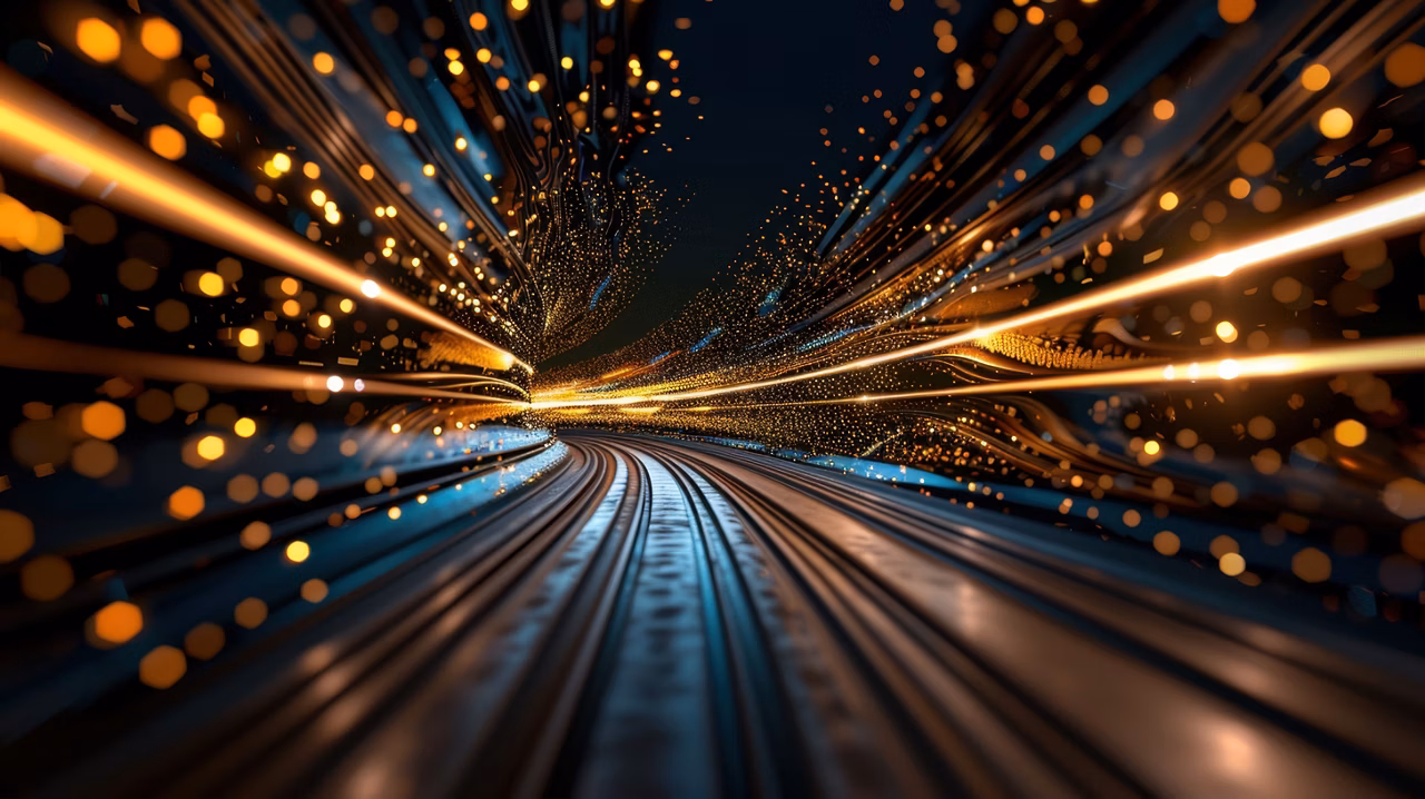 An abstract data streams converging into centralized flow, creating vibrant visual of light and motion. dynamic lines and glowing particles evoke sense of energy and innovation