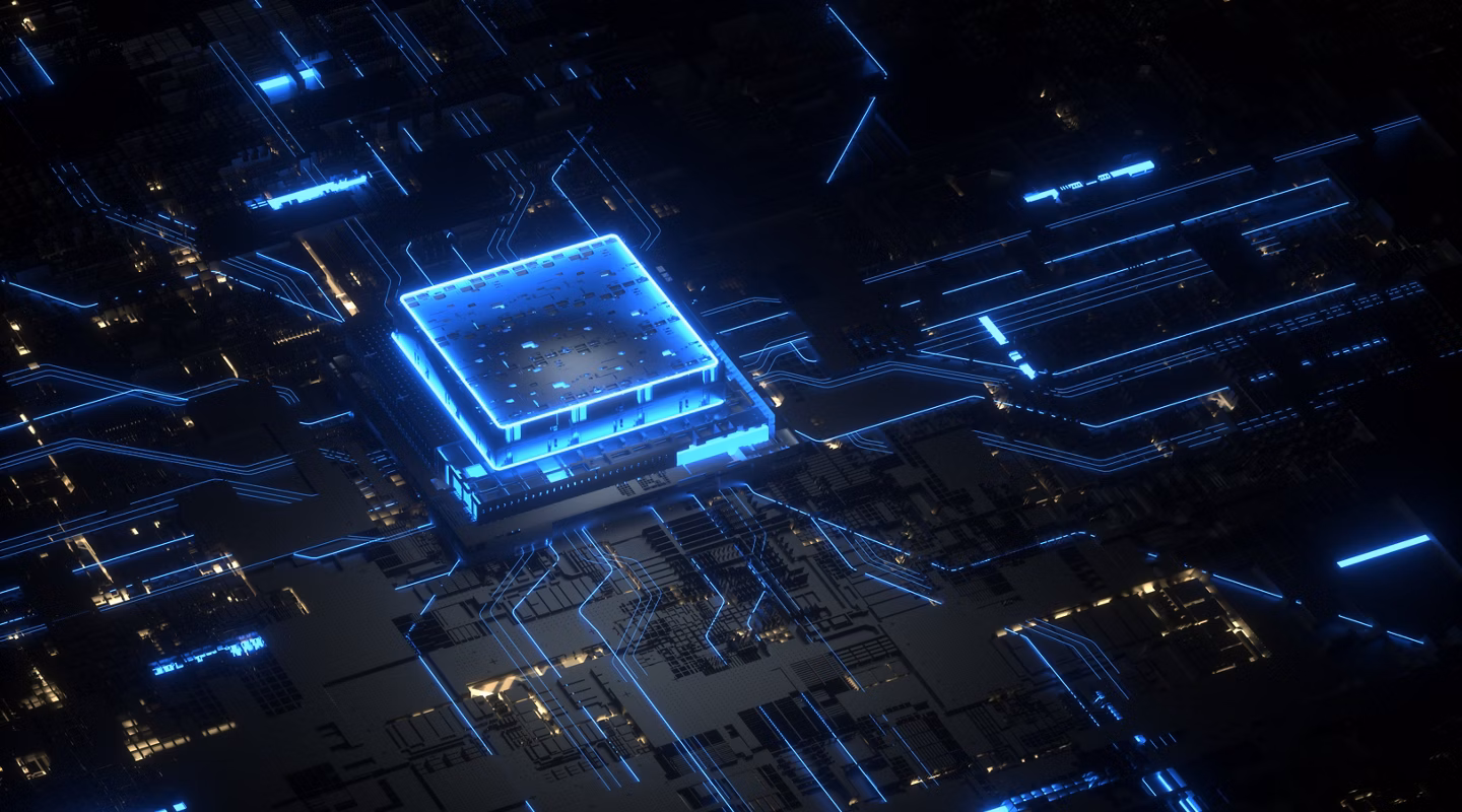 Futuristic Glowing Microchip on Circuit Board