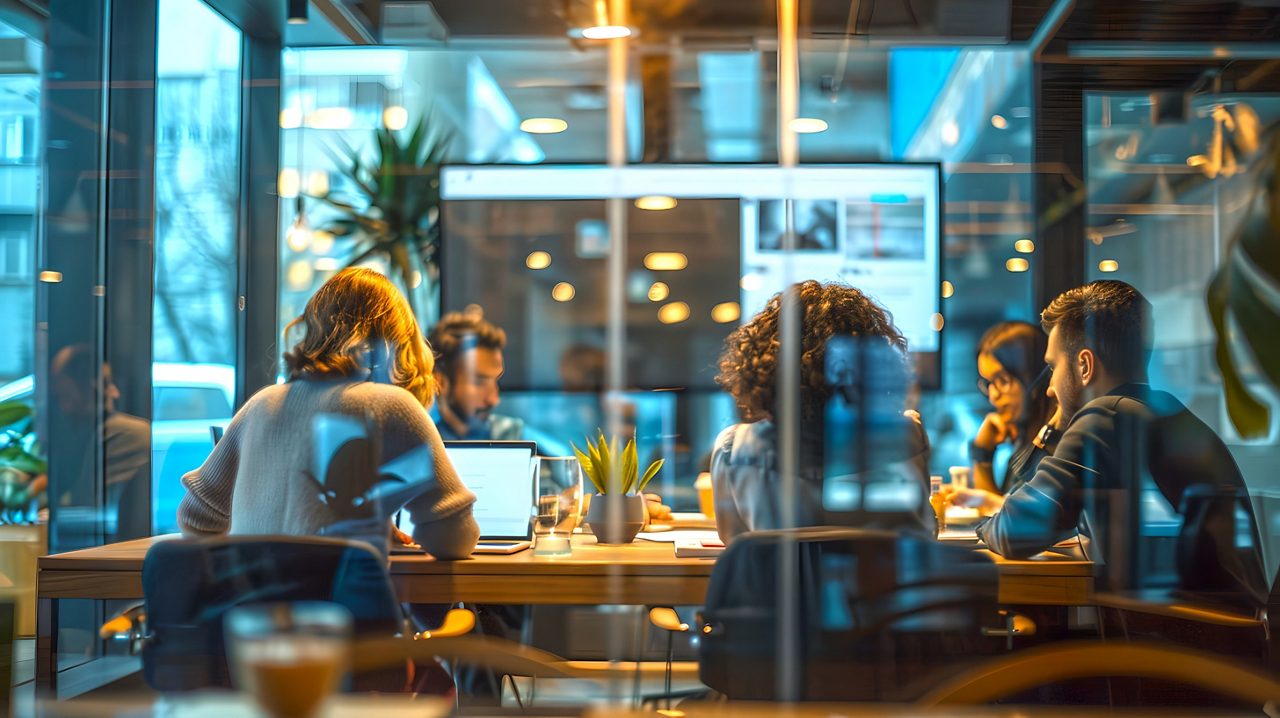 A diverse group of professionals engaged in a collaborative discussion at a well-lit office environment. AI
