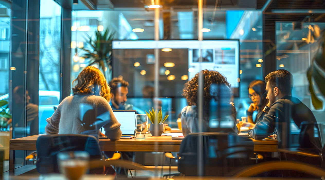 A diverse group of professionals engaged in a collaborative discussion at a well-lit office environment. AI