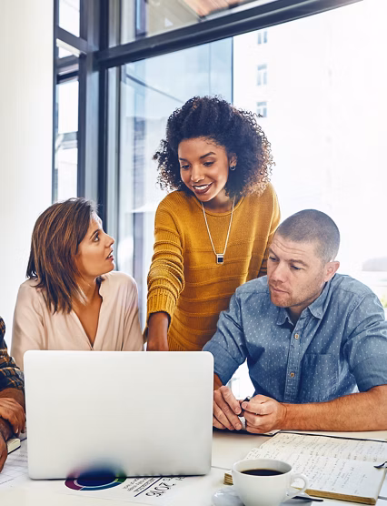 Web designer, planning and team in office with laptop, market research or problem solving in development of project. Website, design and people with technology for online marketing, SEO or strategy.