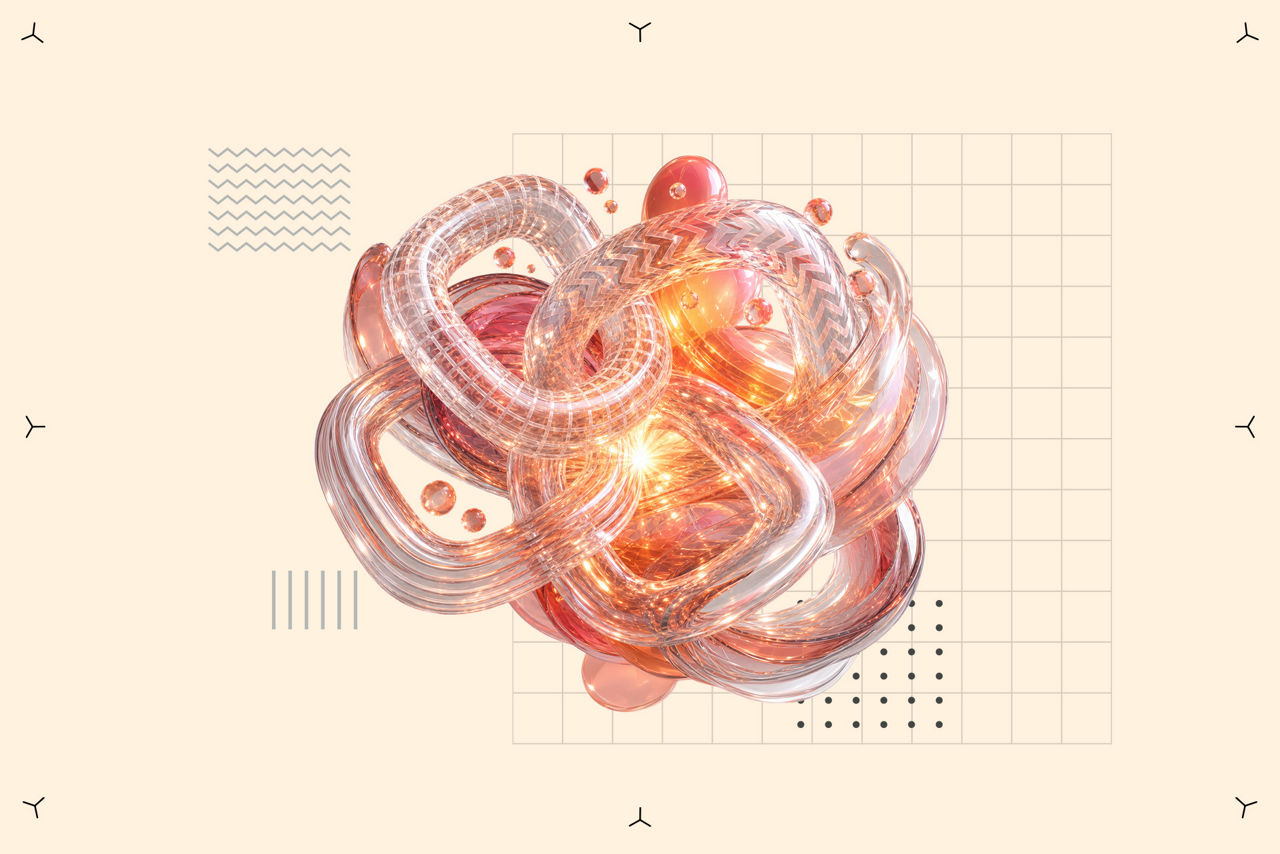 Abstract glowing glass knot with grid background