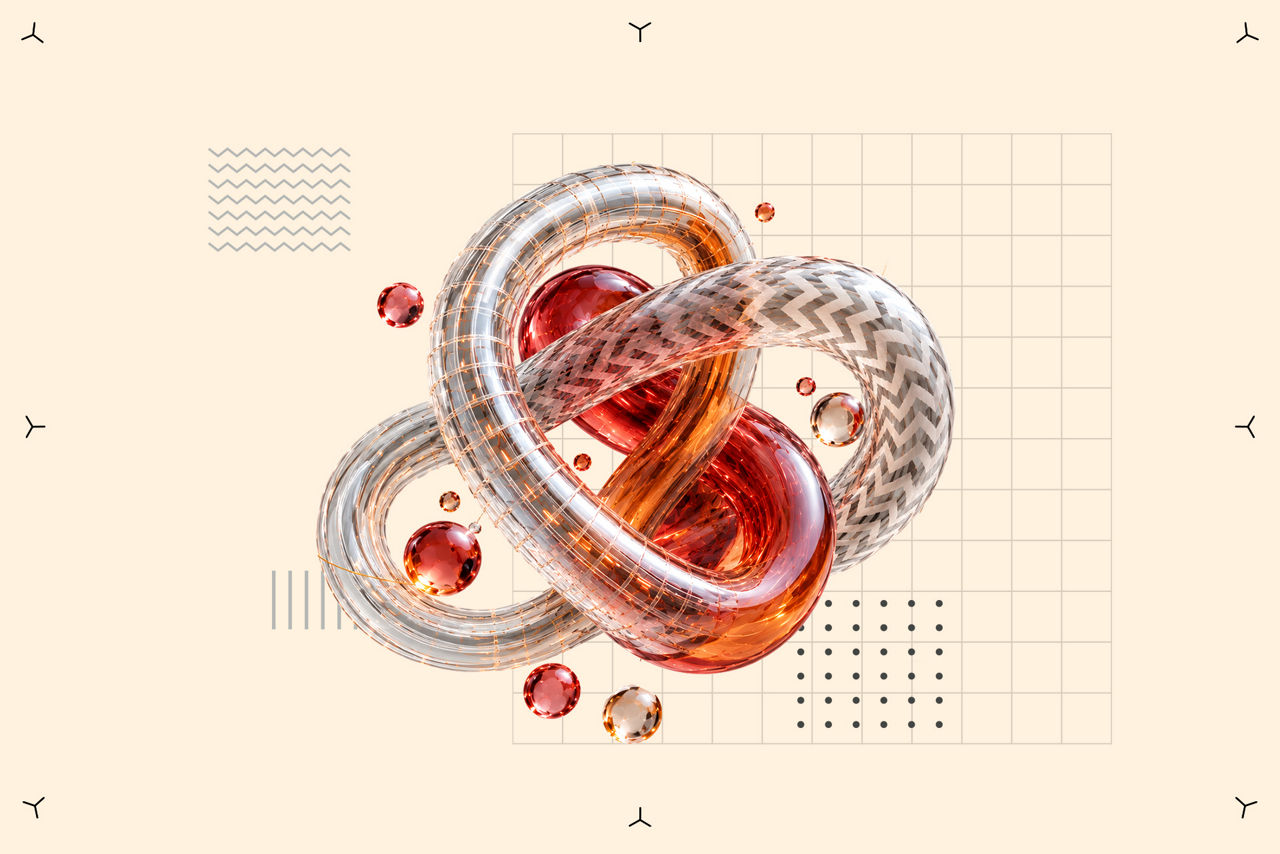 Abstract intertwined glass rings with spheres