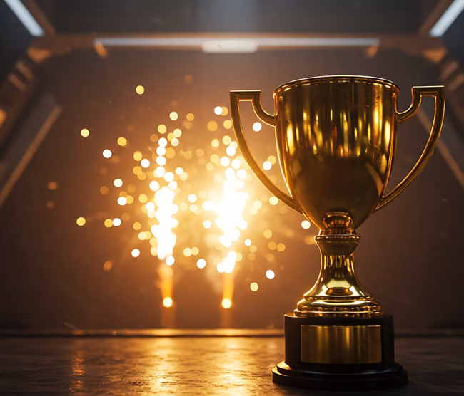 An image of a shiny golden trophy positioned prominently in the foreground against a blurred industrial backdrop enhanced by sparkling lights radiating from behind the trophy emphasizing its importance and the accomplishment it represents highlighting themes of victory achievement and recognition The reflective surface of the trophy catches the light creating a sense of prestige and the overall composition evokes feelings of success and celebration within a competitive or high achievement environment