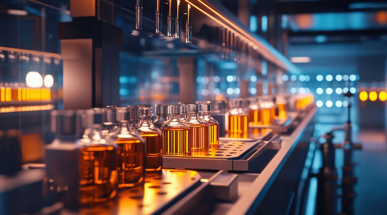 Close-up of amber glass vials in a modern lab setting, showcasing an innovative production process.