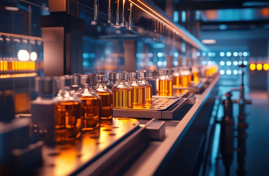 Close-up of amber glass vials in a modern lab setting, showcasing an innovative production process.