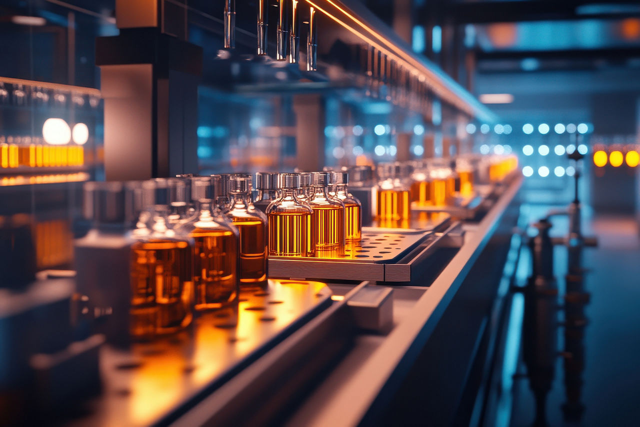 Close-up of amber glass vials in a modern lab setting, showcasing an innovative production process.