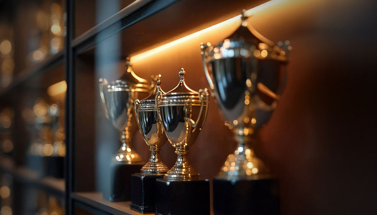 Golden trophies displayed on illuminated shelf