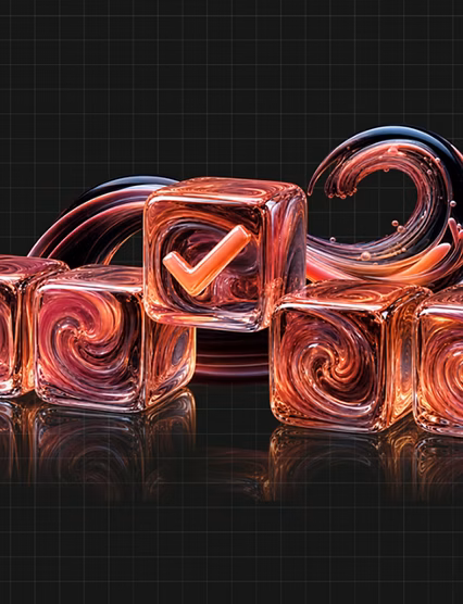 Abstract glass cubes with swirling checkmark