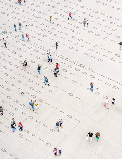 Crowd walking over binary code